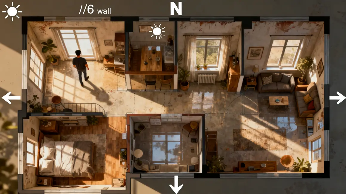 lumière naturelle : conseils concrets pour éviter les pièges 3 plan appartement fleches orientation proportions fenetres zones lumiere