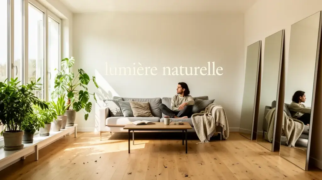salon lumineux murs blancs grandes fenetres plantes et miroirs