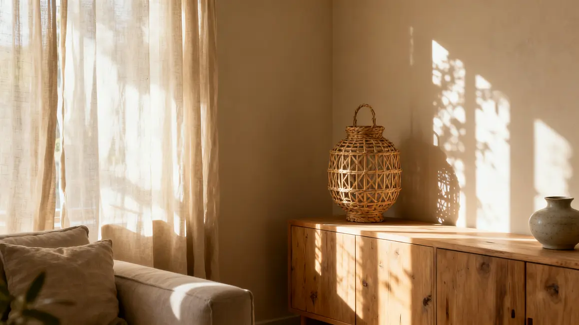 lumière naturelle en 2026 : points clés à connaître 3 Salon lumineux avec lin, bois, rotin, lumière naturelle, reflets subtils