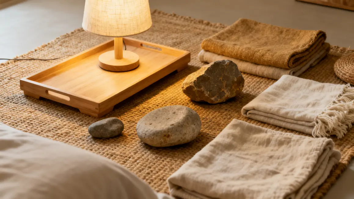 chambre zen en 2026 : points clés à connaître 3 materiaux naturels chambre zen moderne 2026 plateau bois clair et lampe lin