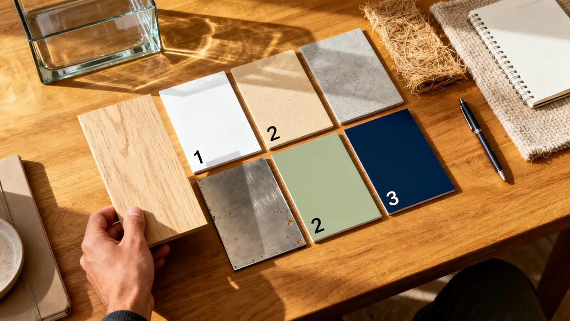 salon minimaliste : comparatif des options possibles 3 planche matériaux couleurs salon minimaliste bois métal textiles