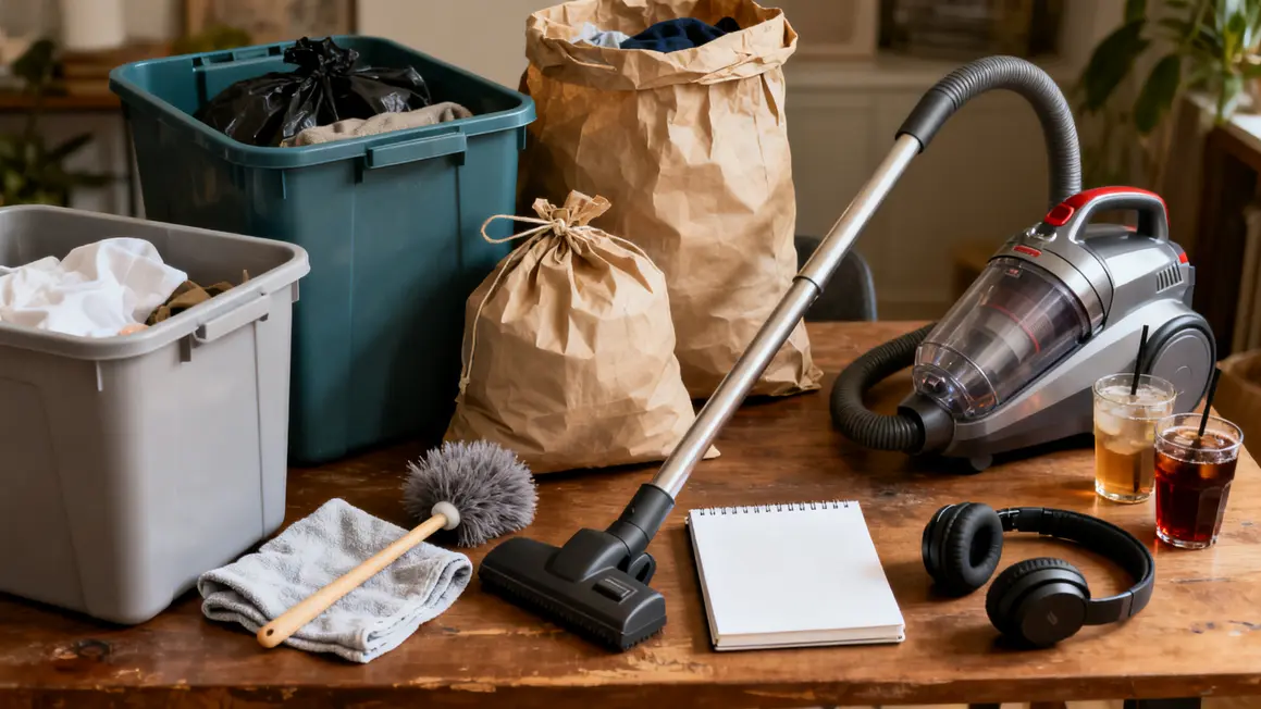 Table avec bacs, sacs, et outils pour rituel de rangement