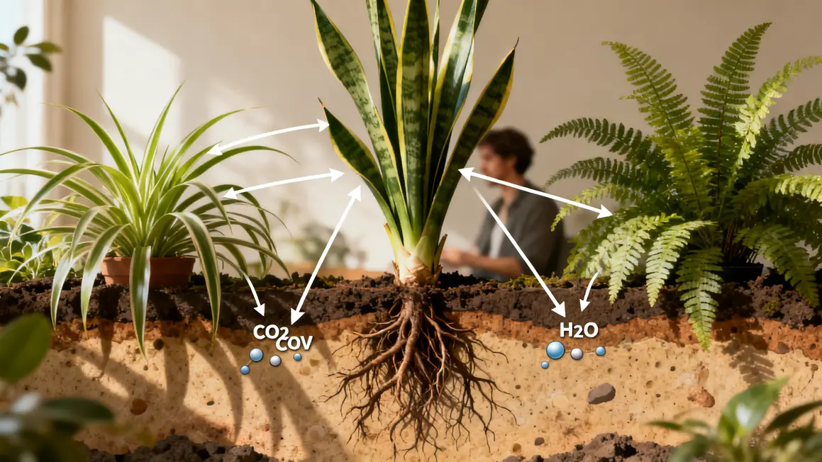 plantes dépolluantes en 2026 : points clés à connaître 3 Schéma absorption COV par plantes dépolluantes en 2026