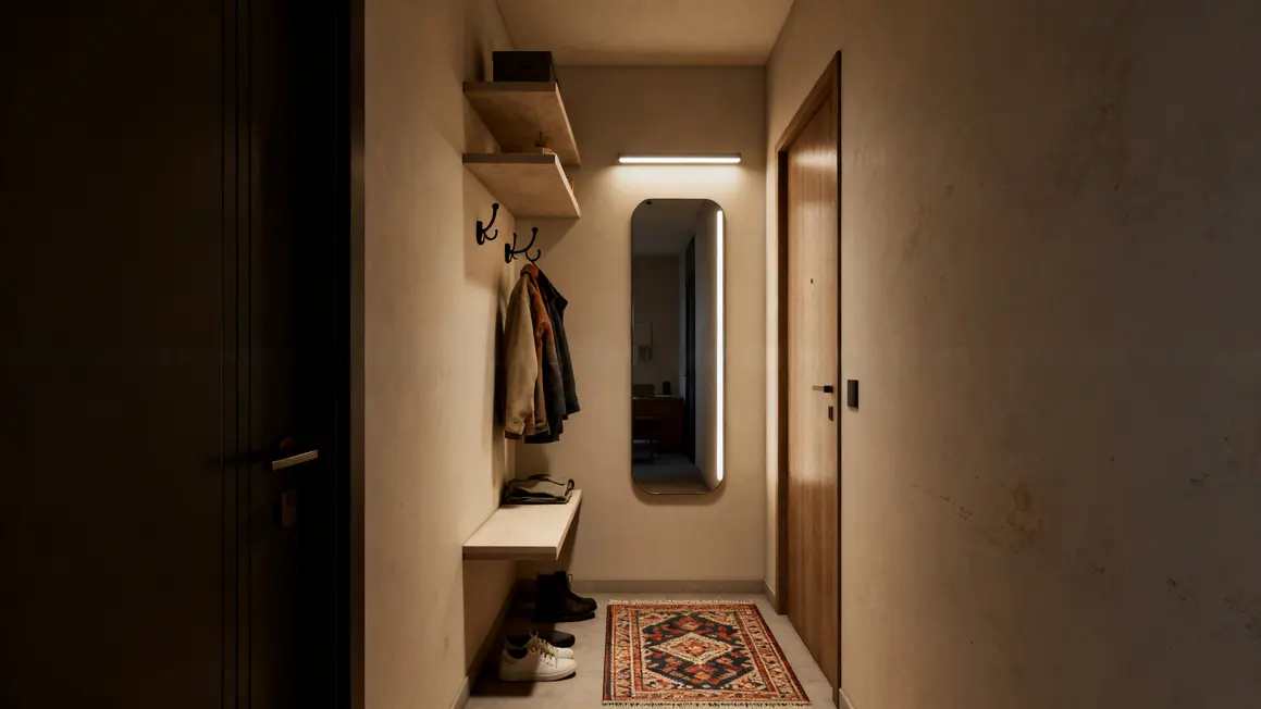 rangement de l’entrée : priorités à vérifier en premier 3 Entrée étroite optimisée avec meubles suspendus et miroir