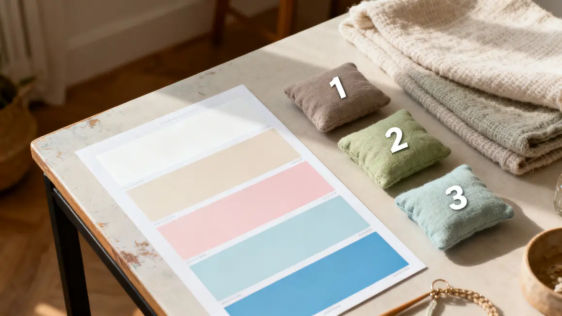 Palette de couleurs zen sur tissus et accessoires ambiance sereine