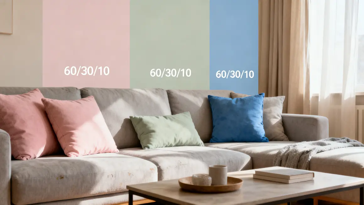 Palette decoration douce 60-30-10 beige gris pastel coussins