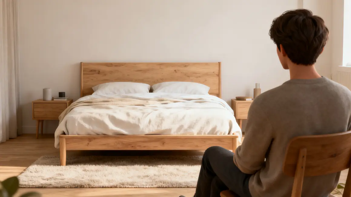 chambre zen : priorités à vérifier en premier en petit budget 2 Lit bois clair au centre d'une chambre zen épurée