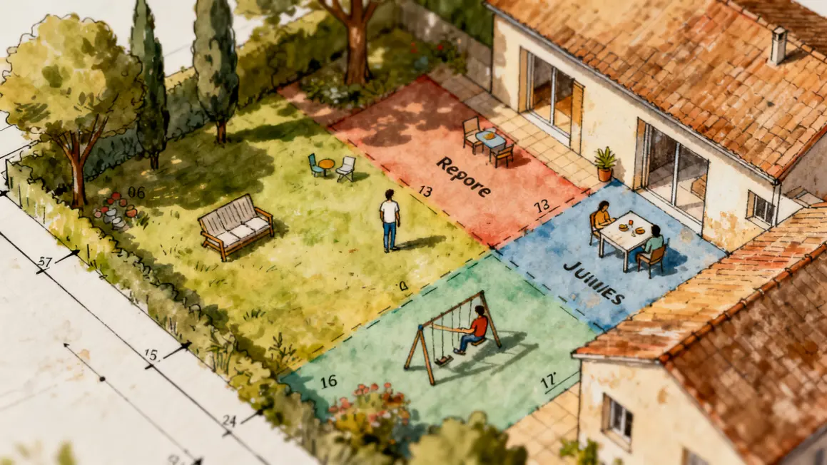 jardin détente : priorités à vérifier en premier en petit budget 3 Plan jardin détente avec repos repas jeux zones délimitées