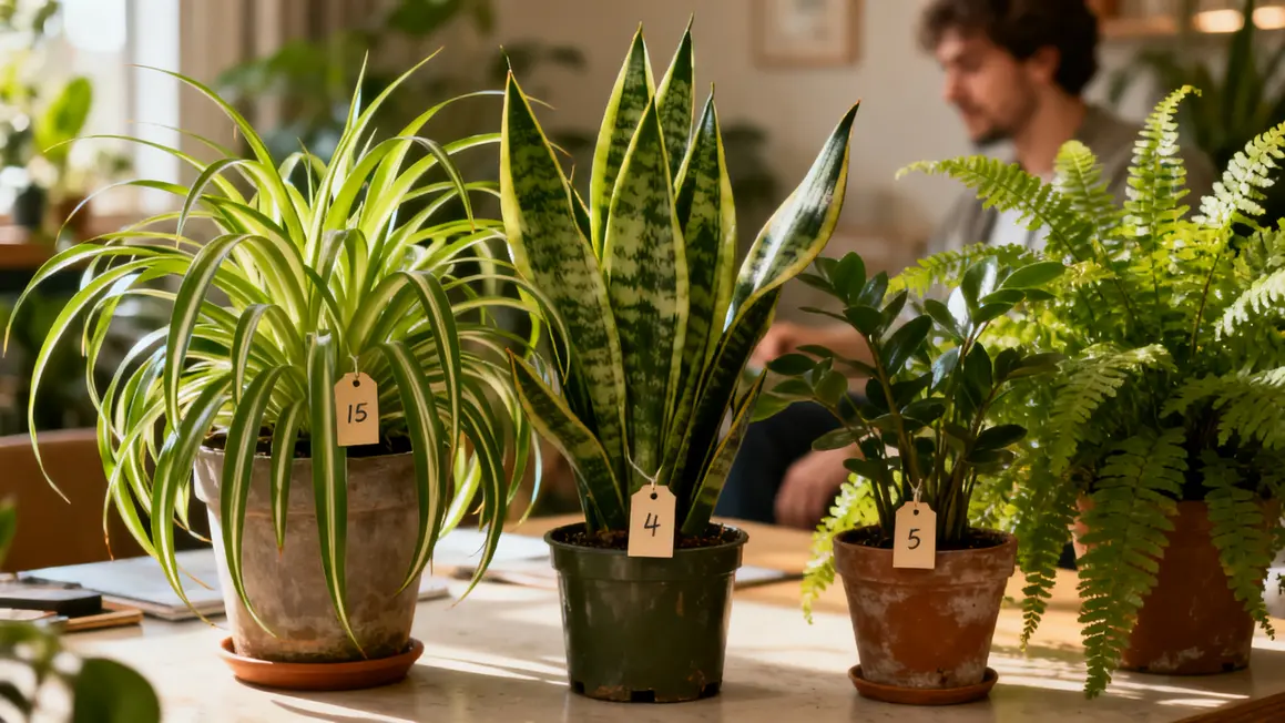Table avec chlorophytum, sansevieria et fougère de Boston, intérieur lumineux