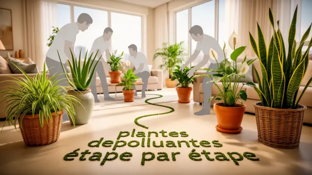 Espace lumineux avec sansevieria chlorophytum aloe vera spathiphyllum dans des pots