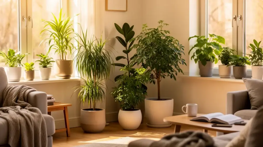 Salon lumineux avec plantes dépolluantes en pots simples