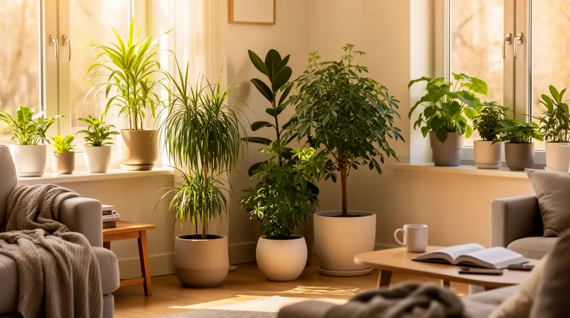 plantes dépolluantes : erreurs fréquentes à éviter en petit budget 55 Salon lumineux avec plantes dépolluantes en pots simples