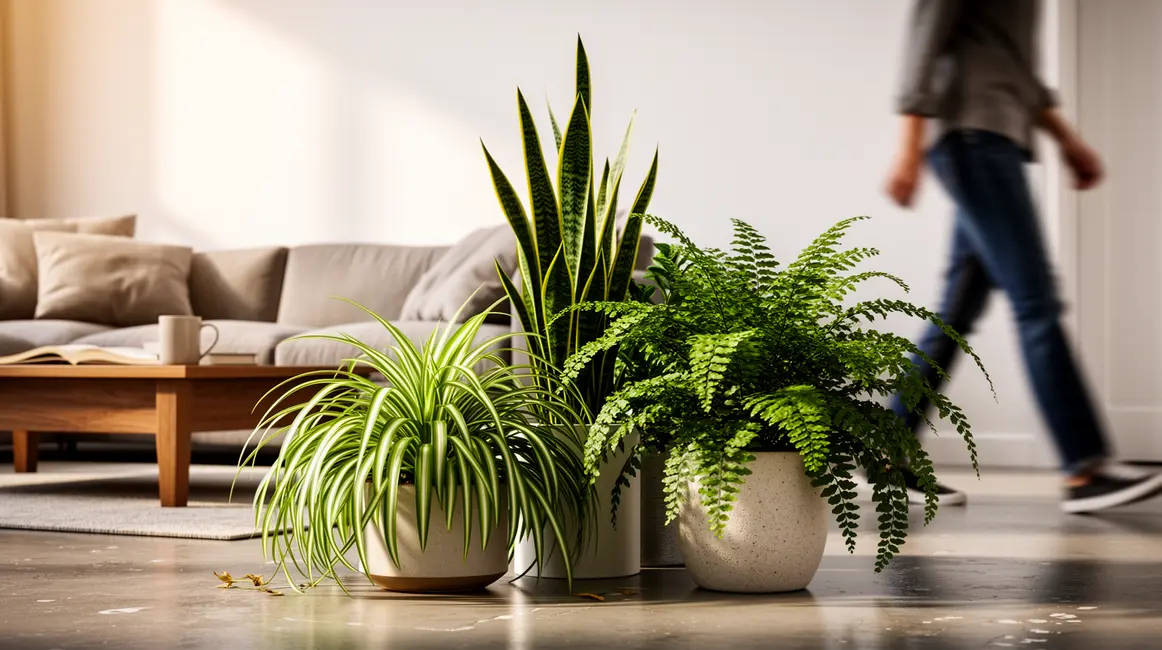 Bien choisir plantes dépolluantes : méthode simple et fiable en petit budget 23 Plantes dépolluantes au centre d’un intérieur moderne, lumière douce