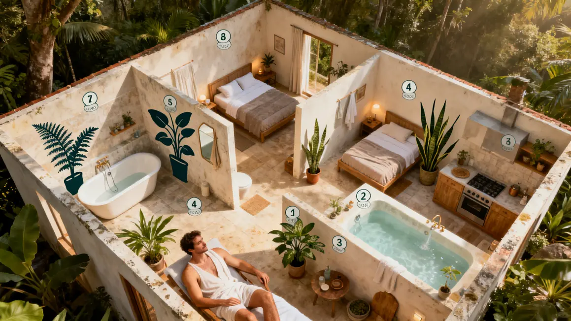 Plan maison spa, pièces et plantes dépolluantes adaptées aux polluants