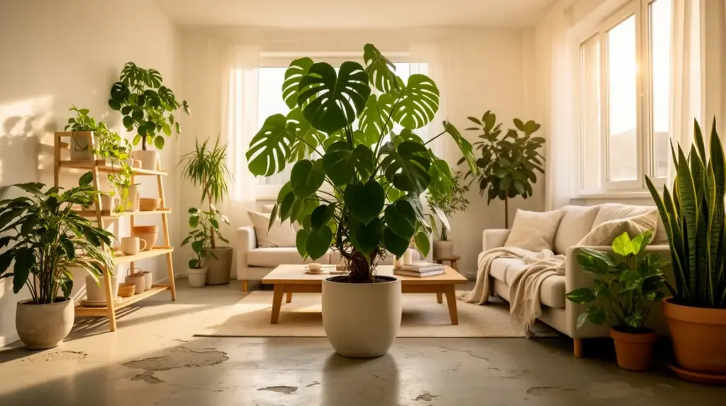 Salon lumineux avec plantes depolluantes populaires