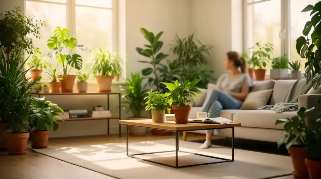 Vue d’un salon lumineux avec plantes depolluantes, ambiance saine