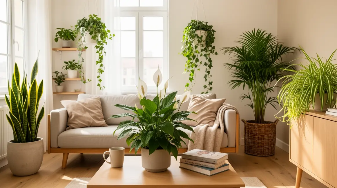 plantes dépolluantes : guide débutant sans jargon 65 Salon moderne lumineux avec plantes dépolluantes sansevieria, spathiphyllum, lierre, palmier, chlorophytum
