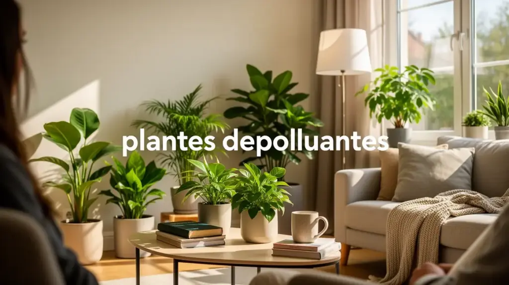 Scène lumineuse salon moderne avec plantes dépolluantes