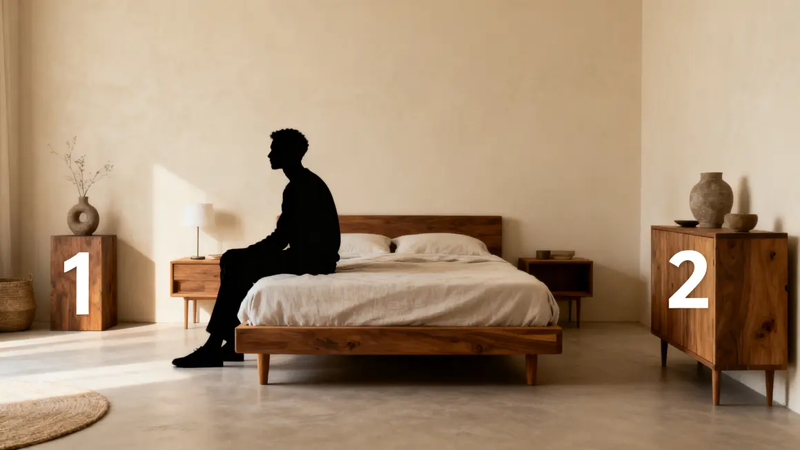 Chambre zen minimaliste, mobilier bois bas, harmonie épurée
