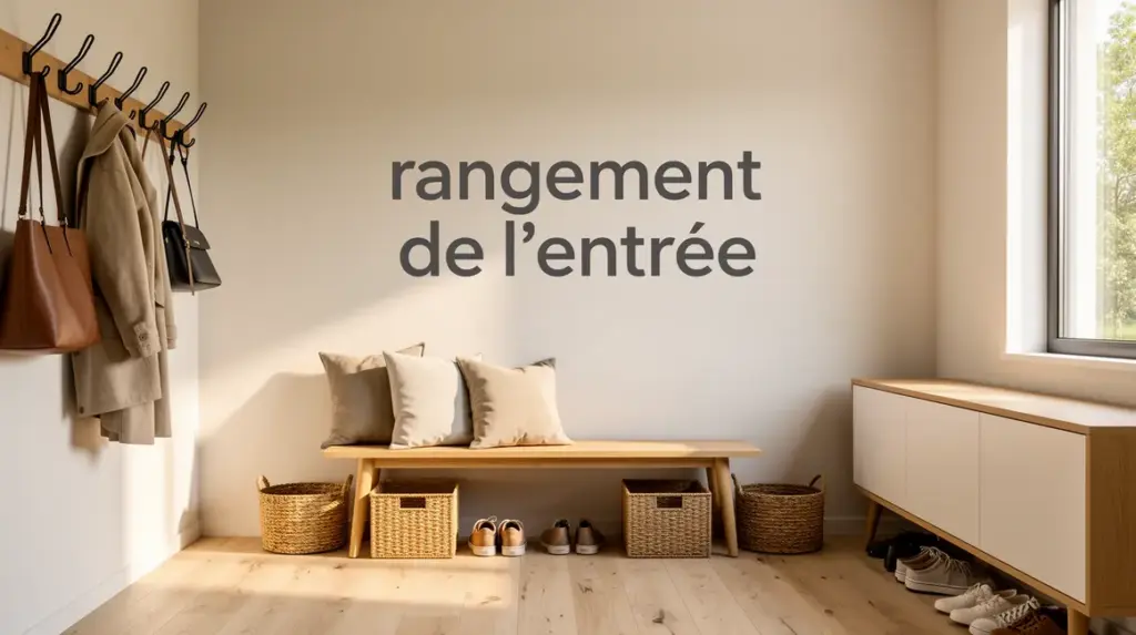 entree rangee lumineuse avec banc et paniers organisation