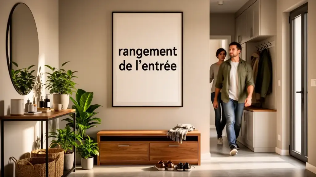 Image rangement de l entree moderne console vestiaire banc miroir plante