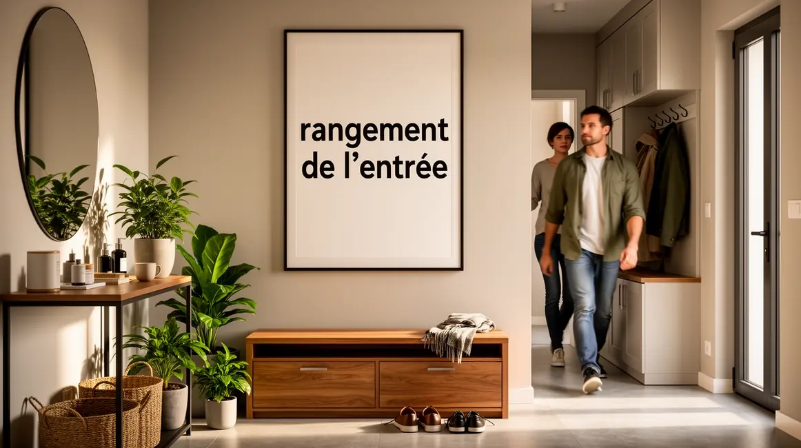 Image rangement de l entree moderne console vestiaire banc miroir plante