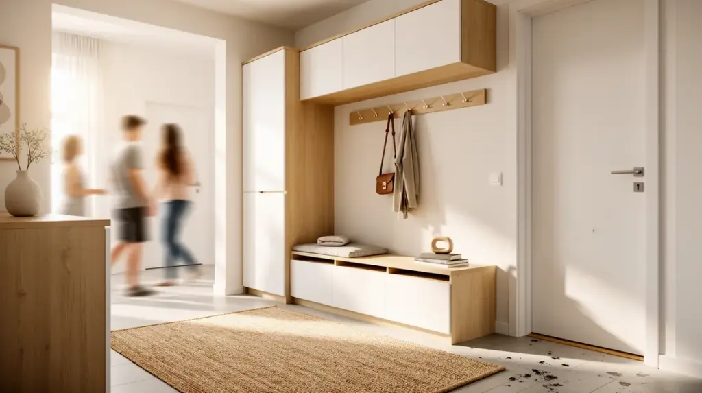 Entrée moderne avec meuble bois clair et rangement optimisé 2026