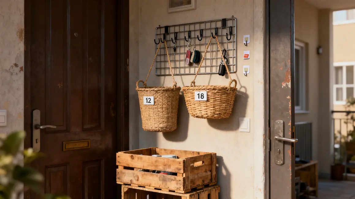 rangement de l’entrée : bonnes pratiques pour un résultat durable en petit budget 3 Entrée DIY caisses recyclées paniers et crochets
