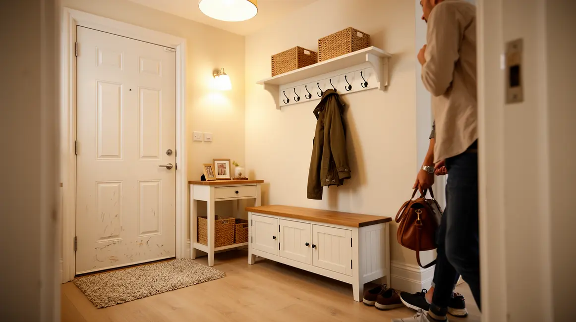 Entrée bien rangée avec meubles pratiques et lumière douce