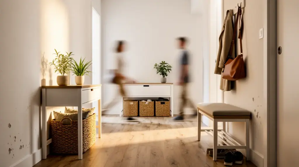 Vue photoréaliste d'un rangement de l'entrée optimisé