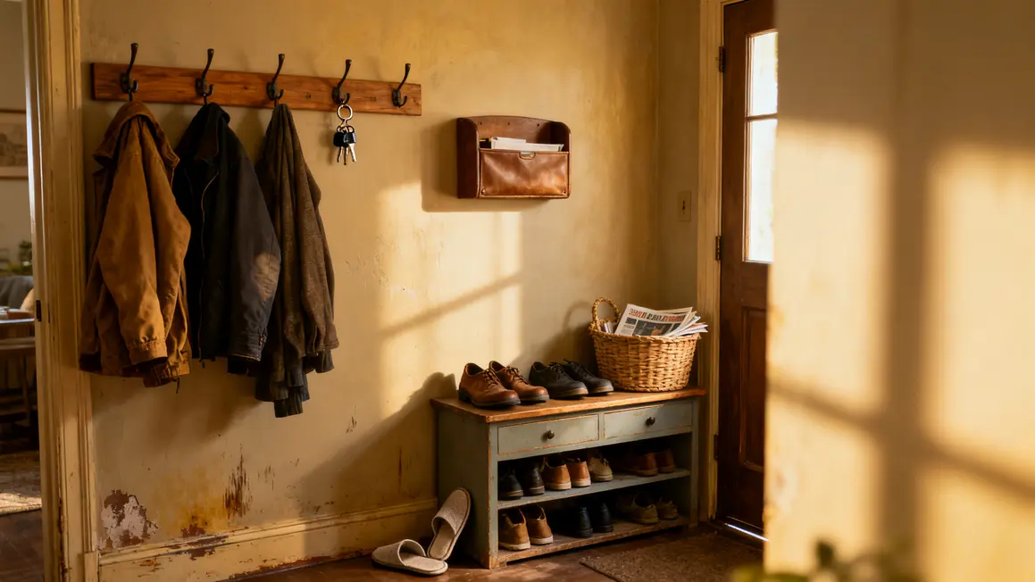 rangement de l’entrée : bonnes pratiques pour un résultat durable en petit budget 2 Petite entrée organisée, crochets et meuble chaussures