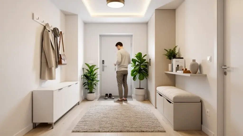 rangement entrée optimisé avec meuble chaussures patère et banc-coffre