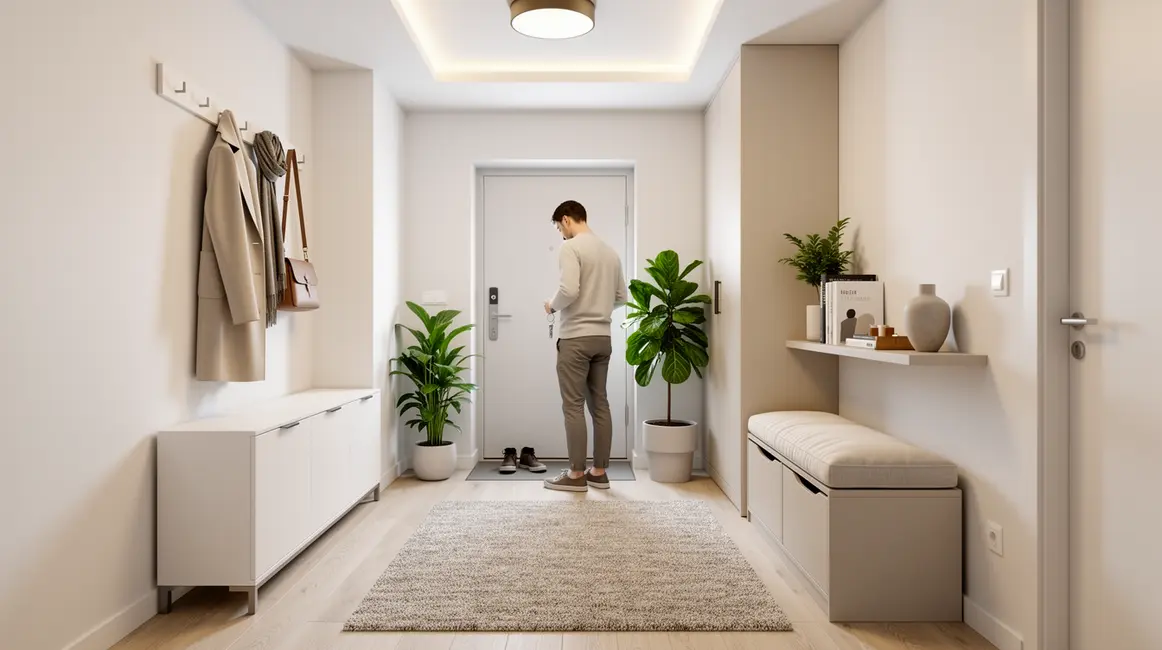rangement entrée optimisé avec meuble chaussures patère et banc-coffre