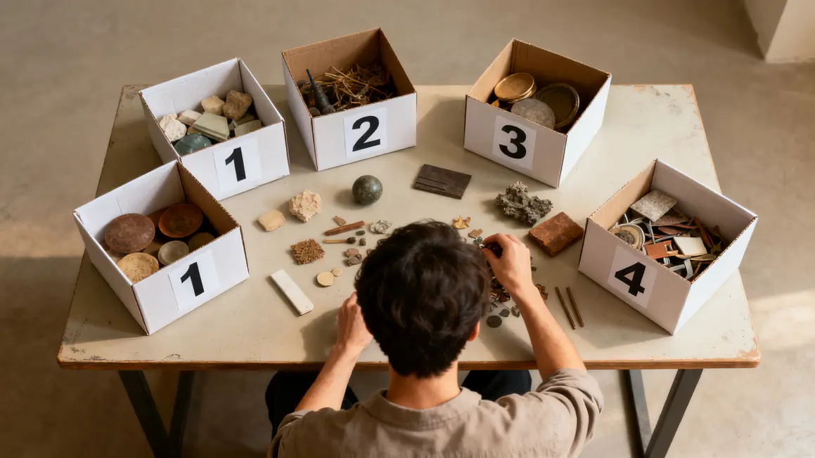 rituel de rangement : erreurs fréquentes à éviter 3 personne triant des objets dans quatre boîtes de rangement