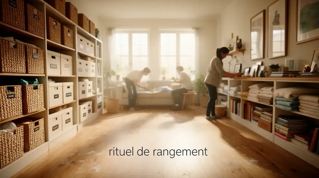 Espace soigneusement rangé, rituel de rangement