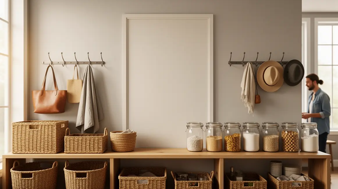 rituel de rangement intérieur ordonné accessoires du quotidien photoréaliste