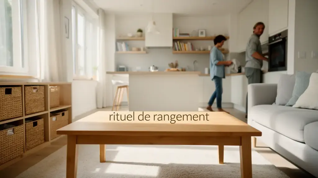 intérieur lumineux salon cuisine ordonné avec rituel de rangement
