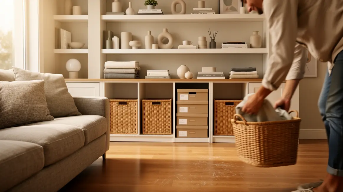 rituel de rangement : conseils concrets pour éviter les pièges 43 salon moderne parfaitement range avec paniers et etageres