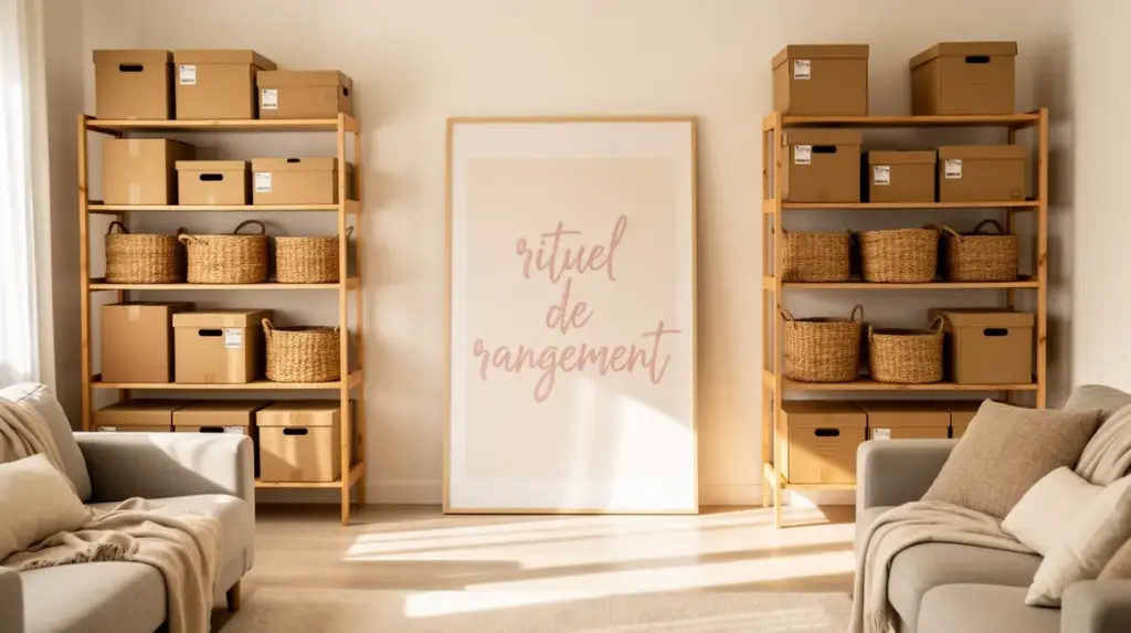 rituel de rangement dans un salon ordonne