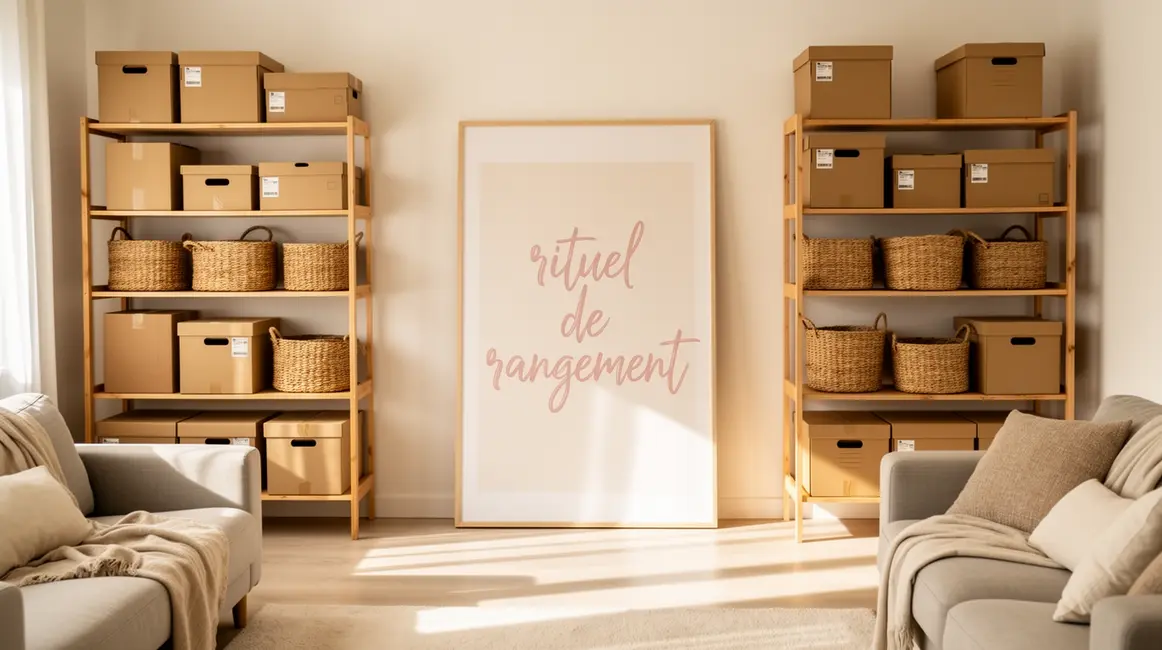 rituel de rangement dans un salon ordonne