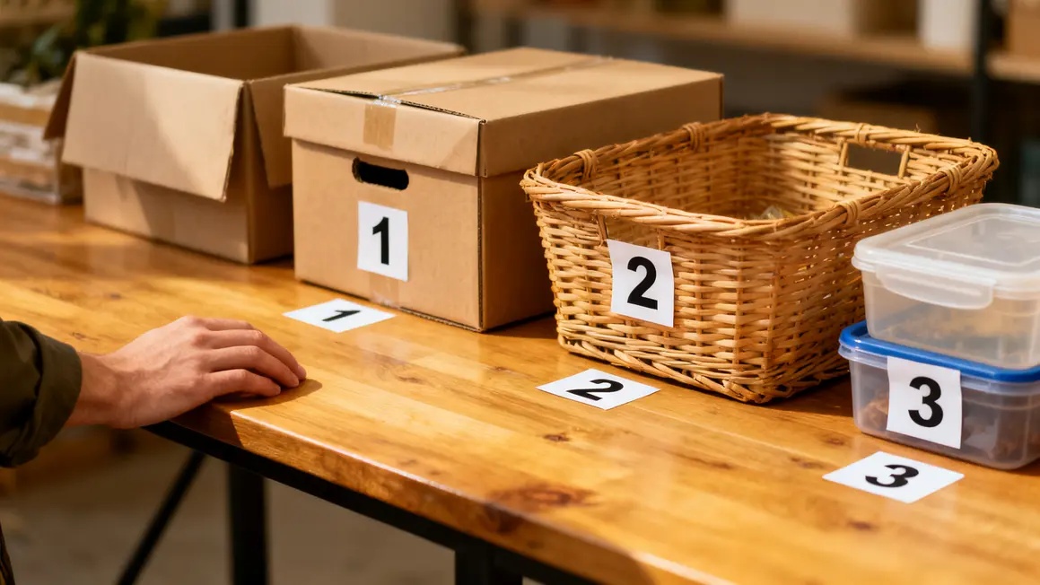 rituel de rangement : conseils concrets pour éviter les pièges 3 table avec boites paniers objets et etiquettes numeriques