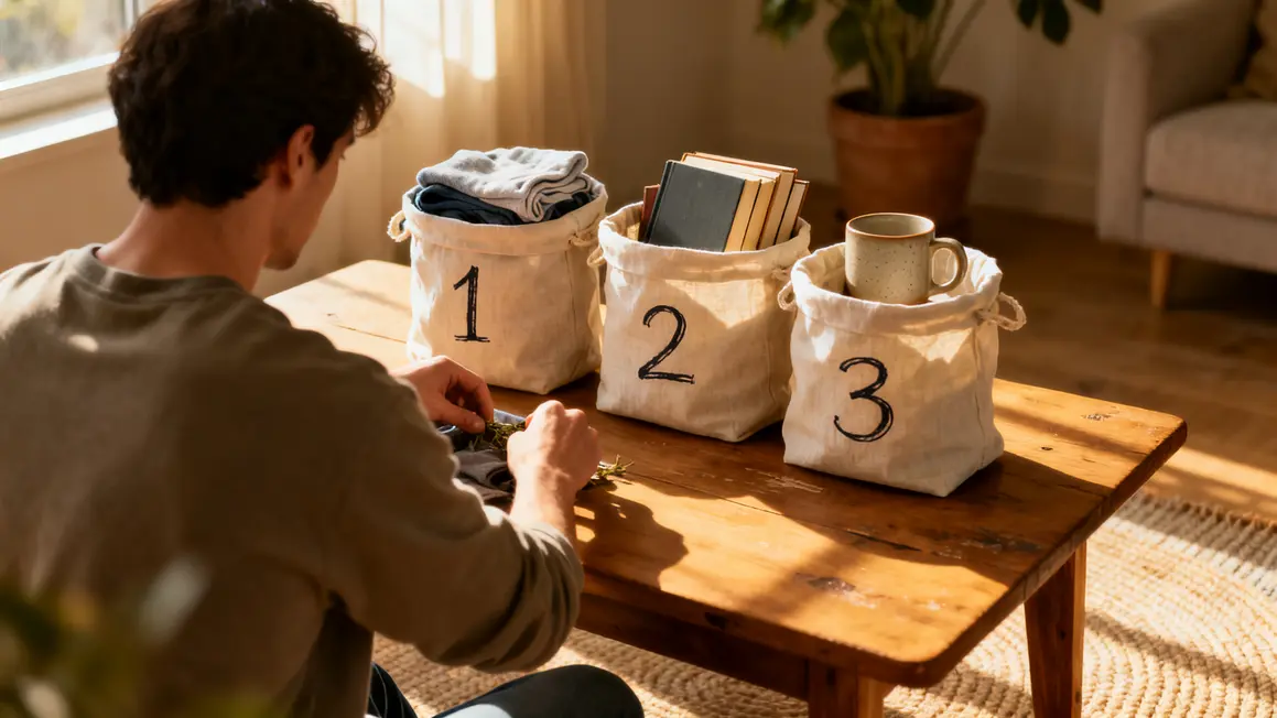 rituel de rangement : guide débutant sans jargon 2 Tri de table avec sacs rituel de rangement