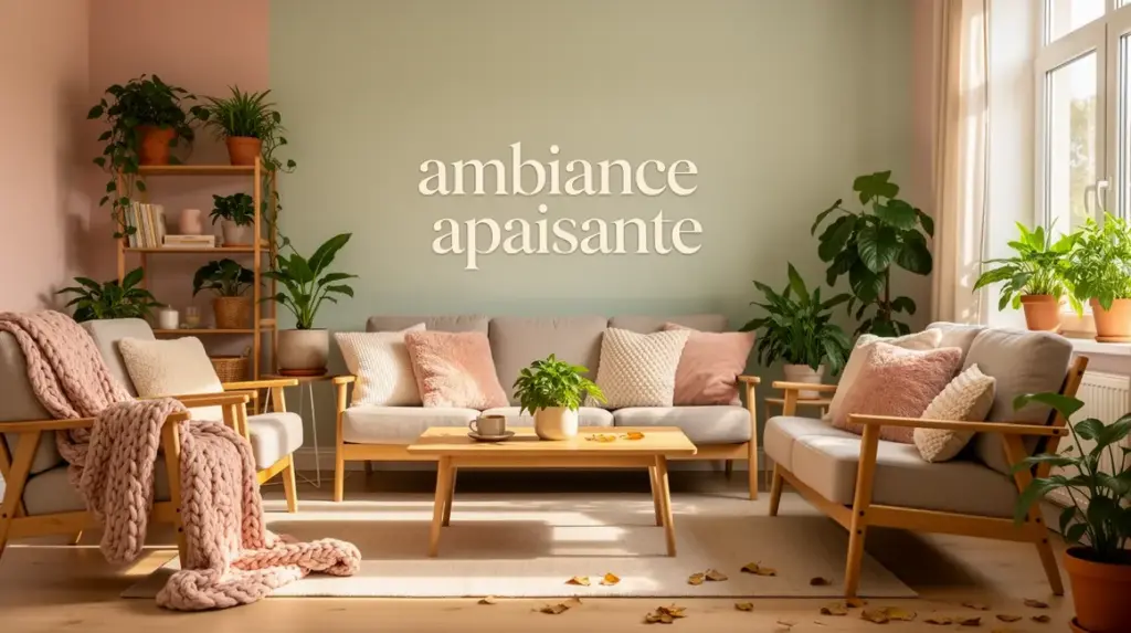 Salon lumineux ambiance apaisante couleurs pastel bois clair plantes textiles