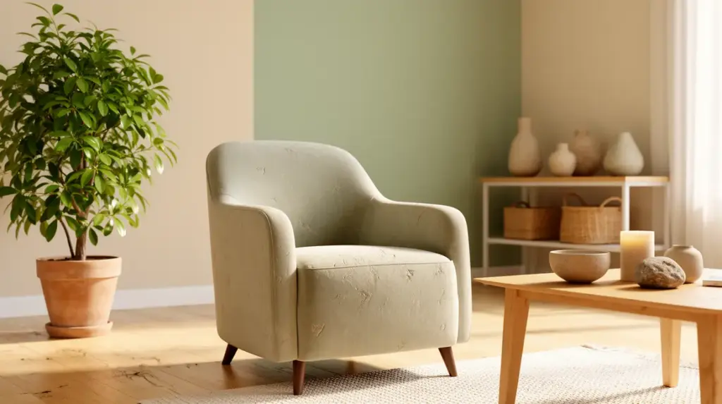 Salon lumineux ambiance apaisante murs beige vert sauge