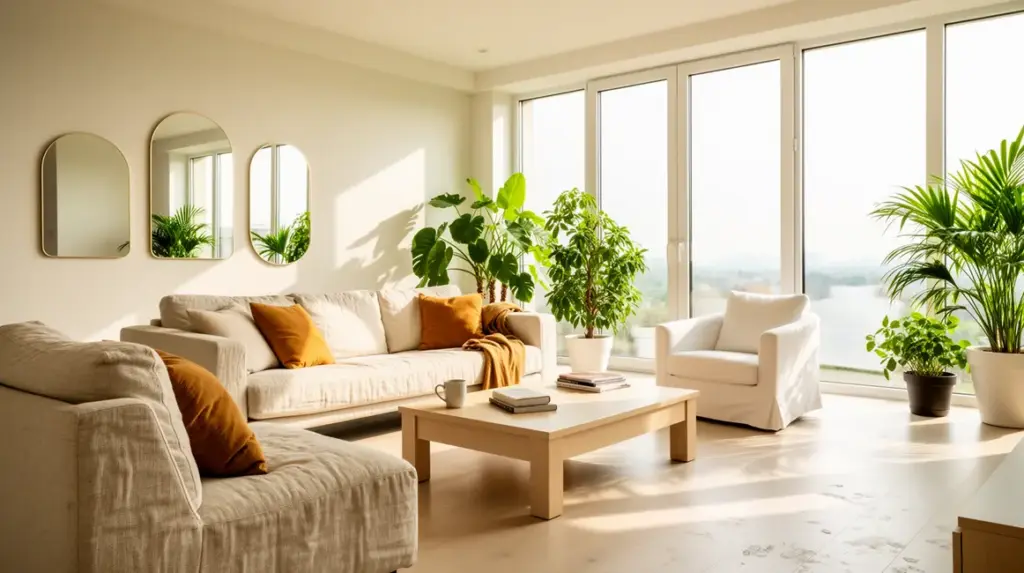 Salon lumineux avec lumière naturelle grands miroirs meubles clairs