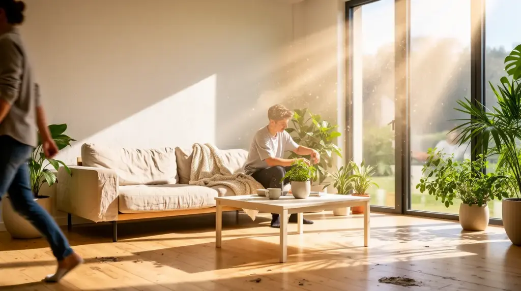 Salon chaleureux avec lumière naturelle et mobilier clair