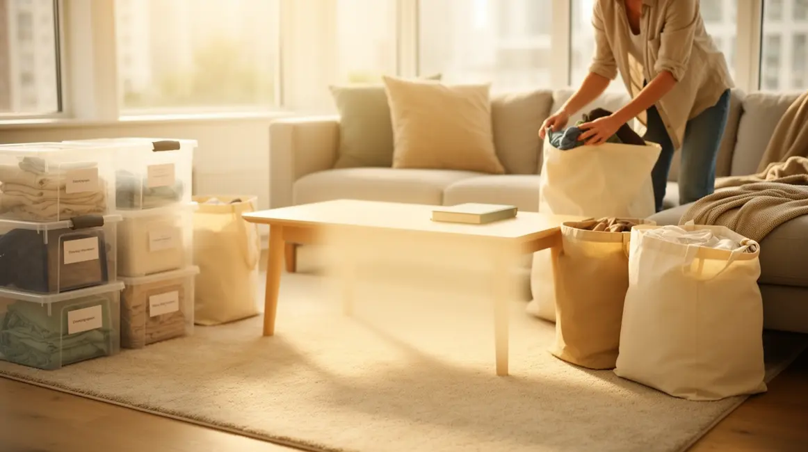 rituel de rangement : checklist avant de se lancer 29 Vue salon moderne avec bacs et sacs pour rituel de rangement