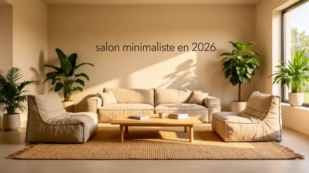 Salon minimaliste 2026 lumineux beige sable multifonction