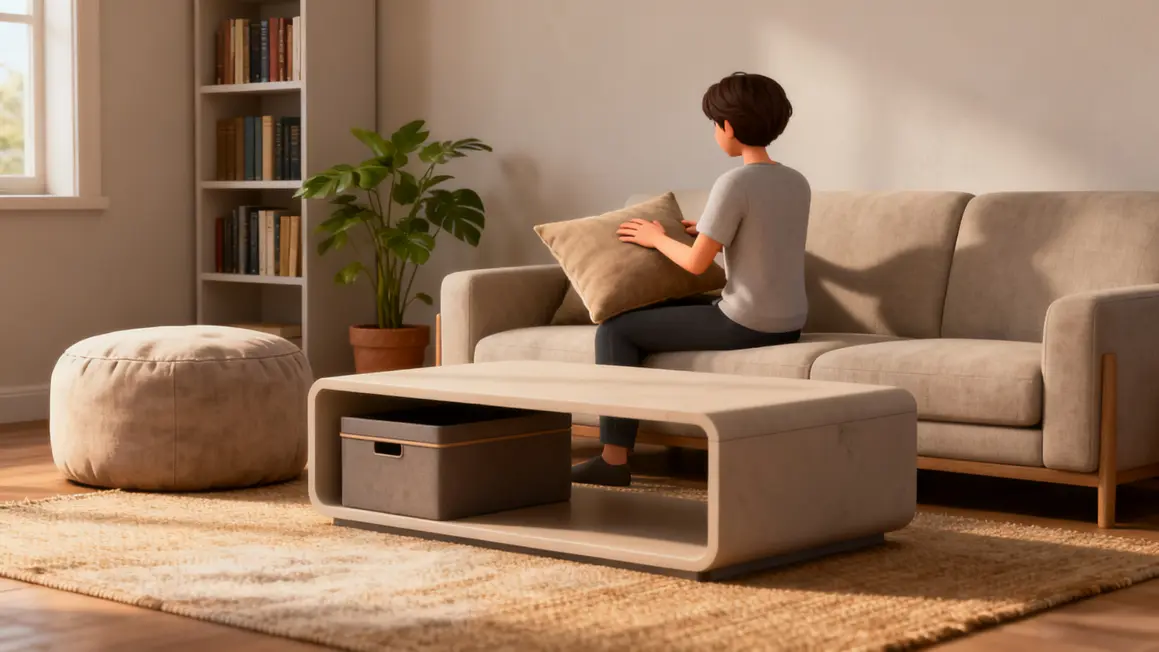 Salon minimaliste canapé neutre rangement déco simple