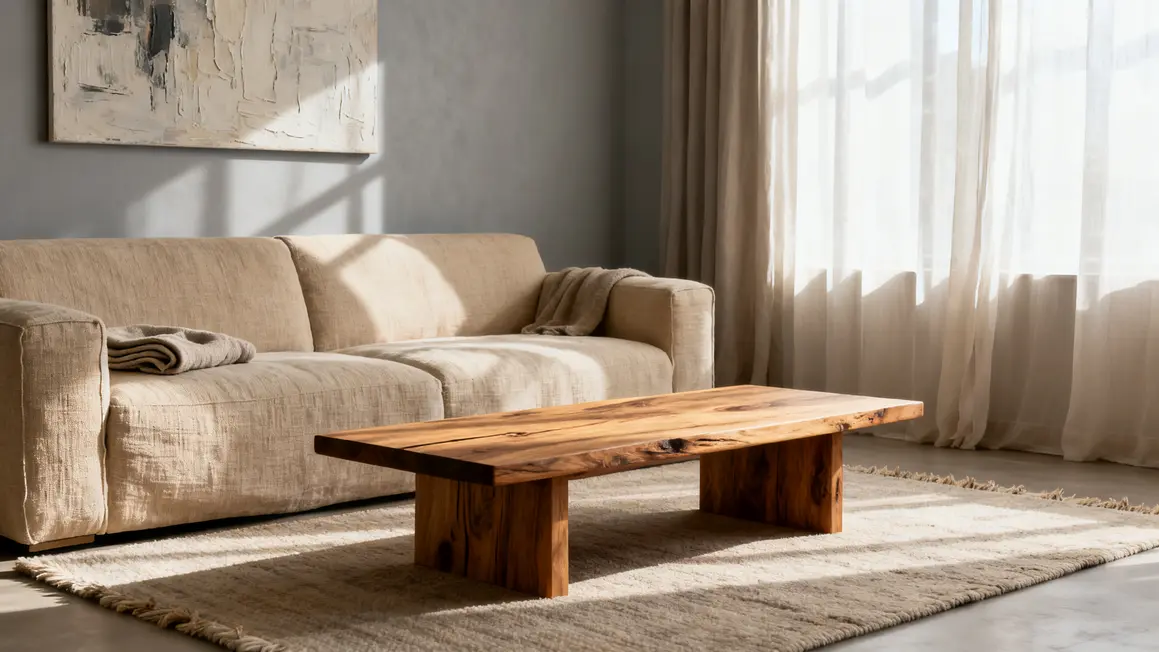 salon minimaliste avec canape beige et bois accessoires naturels